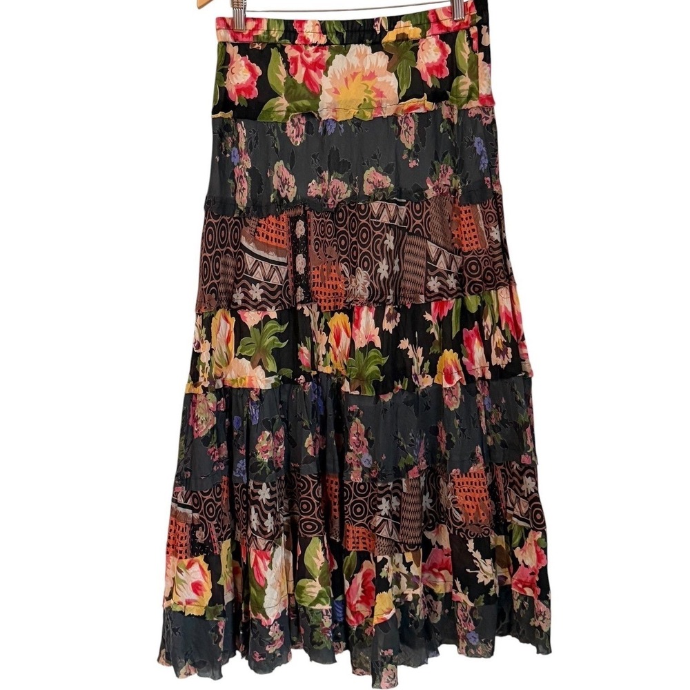 New Directions Boho Floral Patchwork Maxi Skirt Womens Size M Black Cottagcore